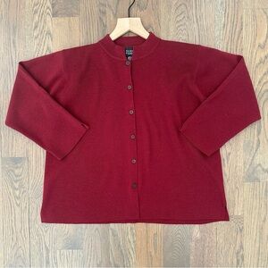 Eileen Fisher 100% Wool Stand Collar Button Front Cardigan Sweater in Red XS